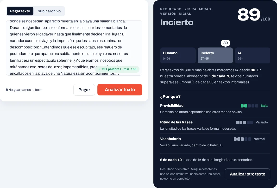 Captura de un resultado «Incierto»: puntuación sobre 100, zona Incierto resaltada en gris y las tres señales del apartado «¿Por qué?».